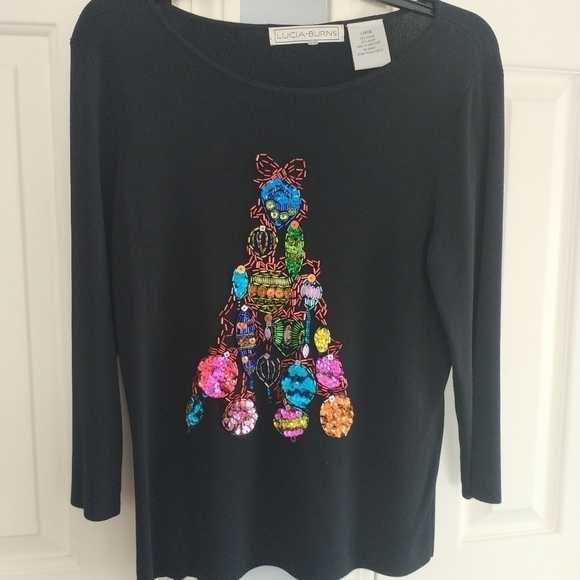 Lucia Burns Christmas Tree Beads & Sequins Top L - Picture 2 of 9